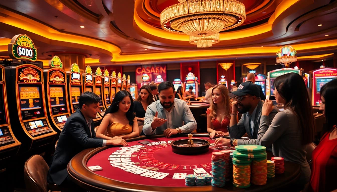 SODO casino entrance featuring elegant slot machines and players at a poker table, showcasing excitement.