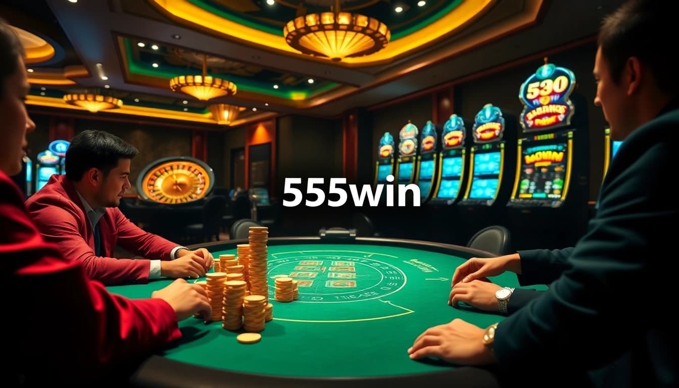 Experience the thrill of 555win with poker players and vibrant slot machines in a luxurious casino setting.