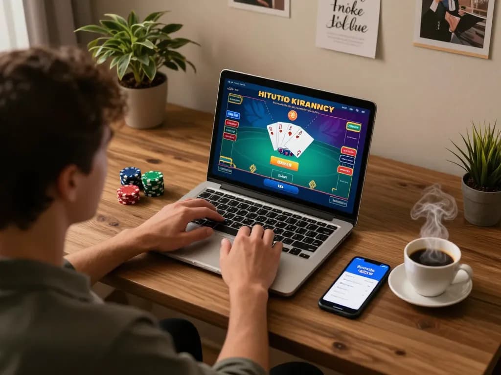 Engaging gaming session on HITCLUB app, showcasing a vibrant poker game in a cozy home office.