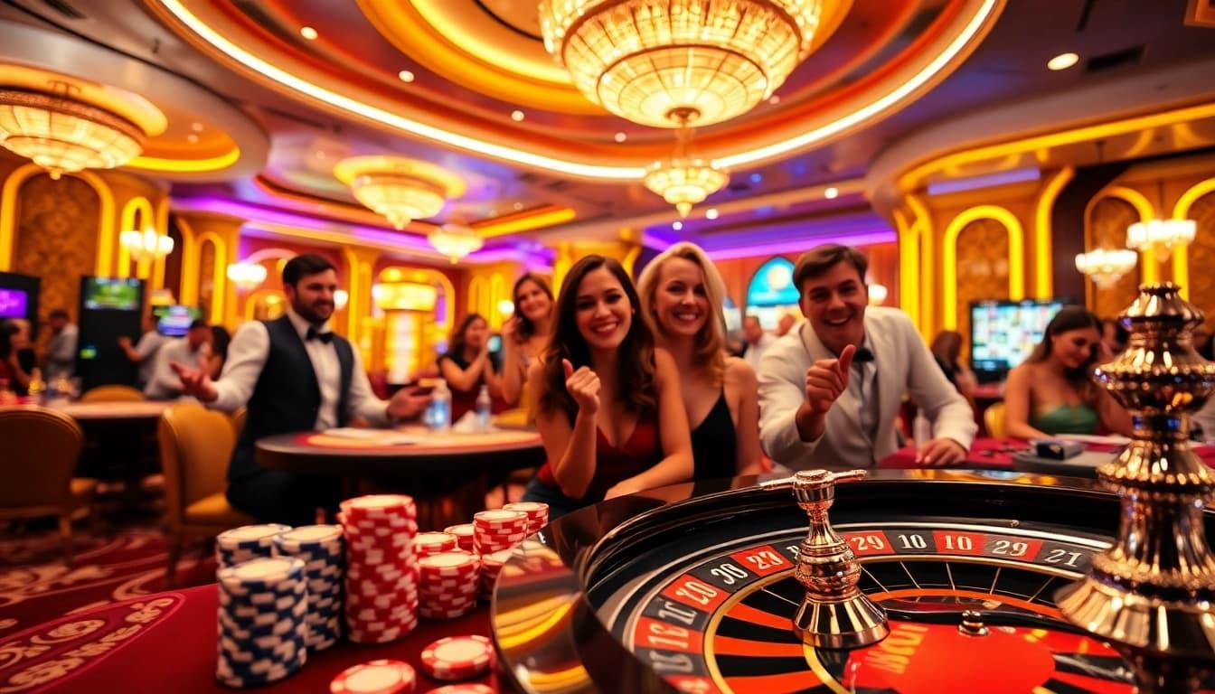 Casino spielen in einem lebhaften und eleganten Casino mit fröhlichen Spielern und Spieltischen.