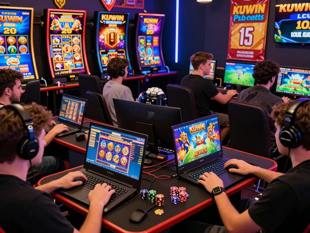 Kuwin online gaming scene with players engaged in diverse games from slots to sports betting in a vibrant atmosphere.
