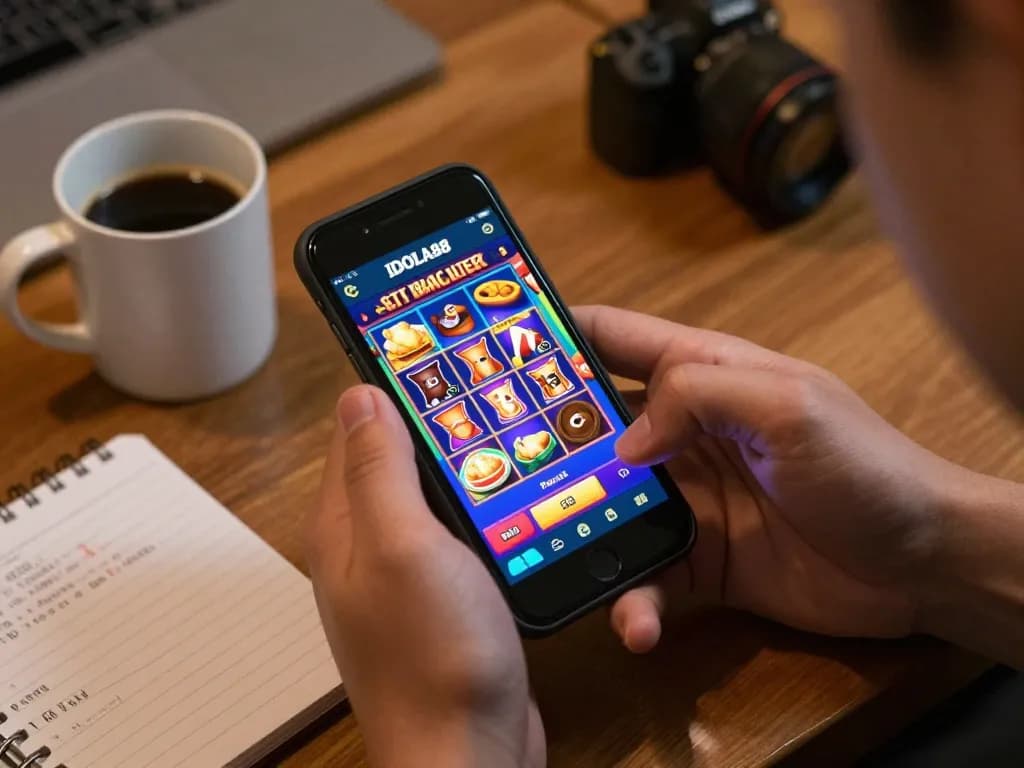 Berkeliling dengan aplikasi kasino mobile IDOLA88 di lingkungan rumah yang nyaman, menampilkan opsi permainan yang menarik