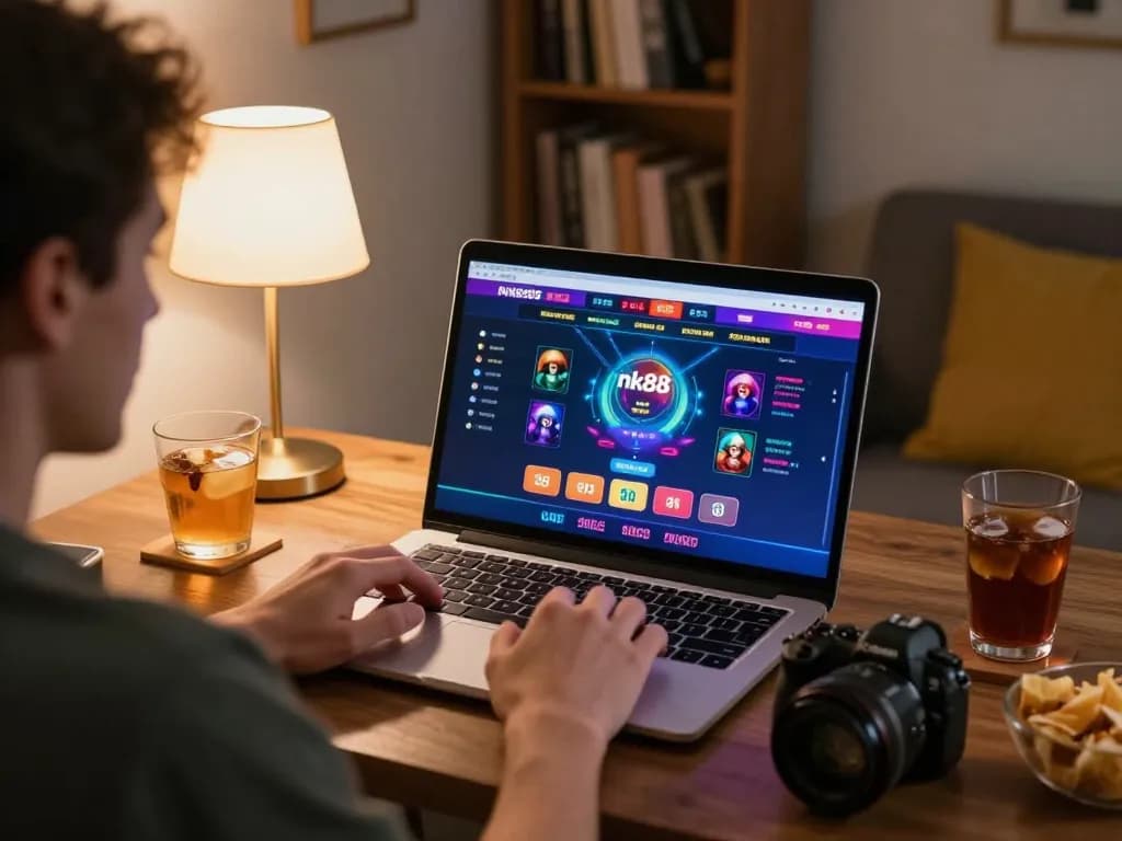 Engaging player exploring nk88 online casino interface at home, focusing on dynamic gameplay