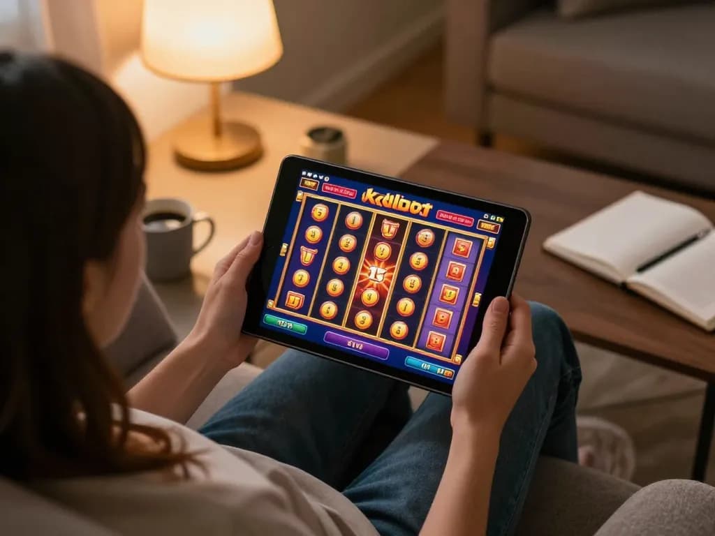 Engaging tablet gameplay on kdslot with vibrant slots in cozy living room setting