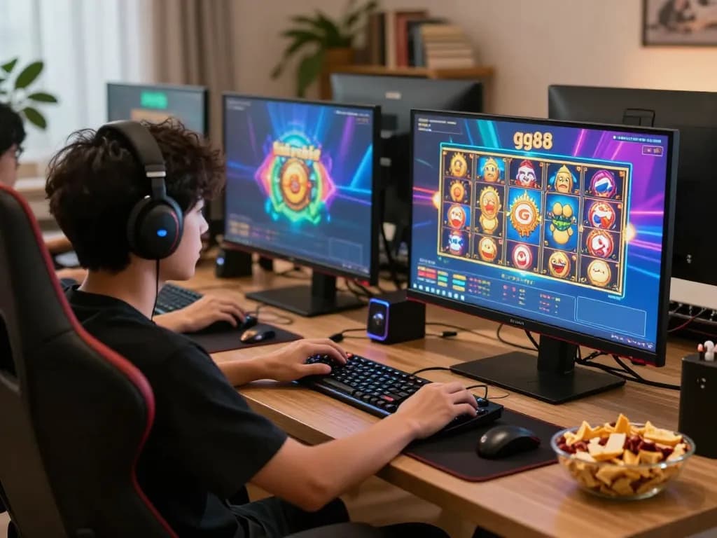 Engaging moment of player immersed in gg88 slot games on multiple screens at home gaming setup.