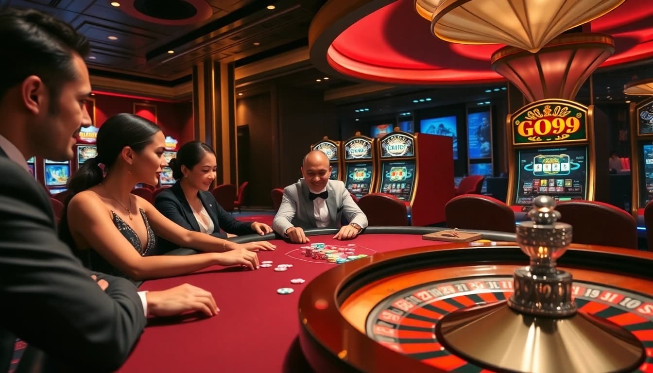 Experience the excitement of GO99 gaming with players at a vibrant casino table.