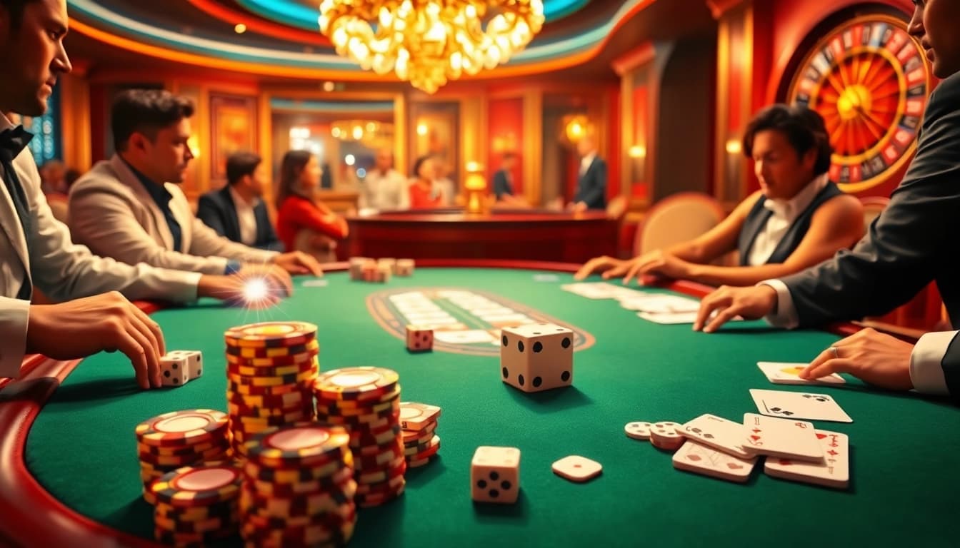 Engaged players strategize in a casino table game at 188bet with vibrant poker chips and a roulette wheel in view.