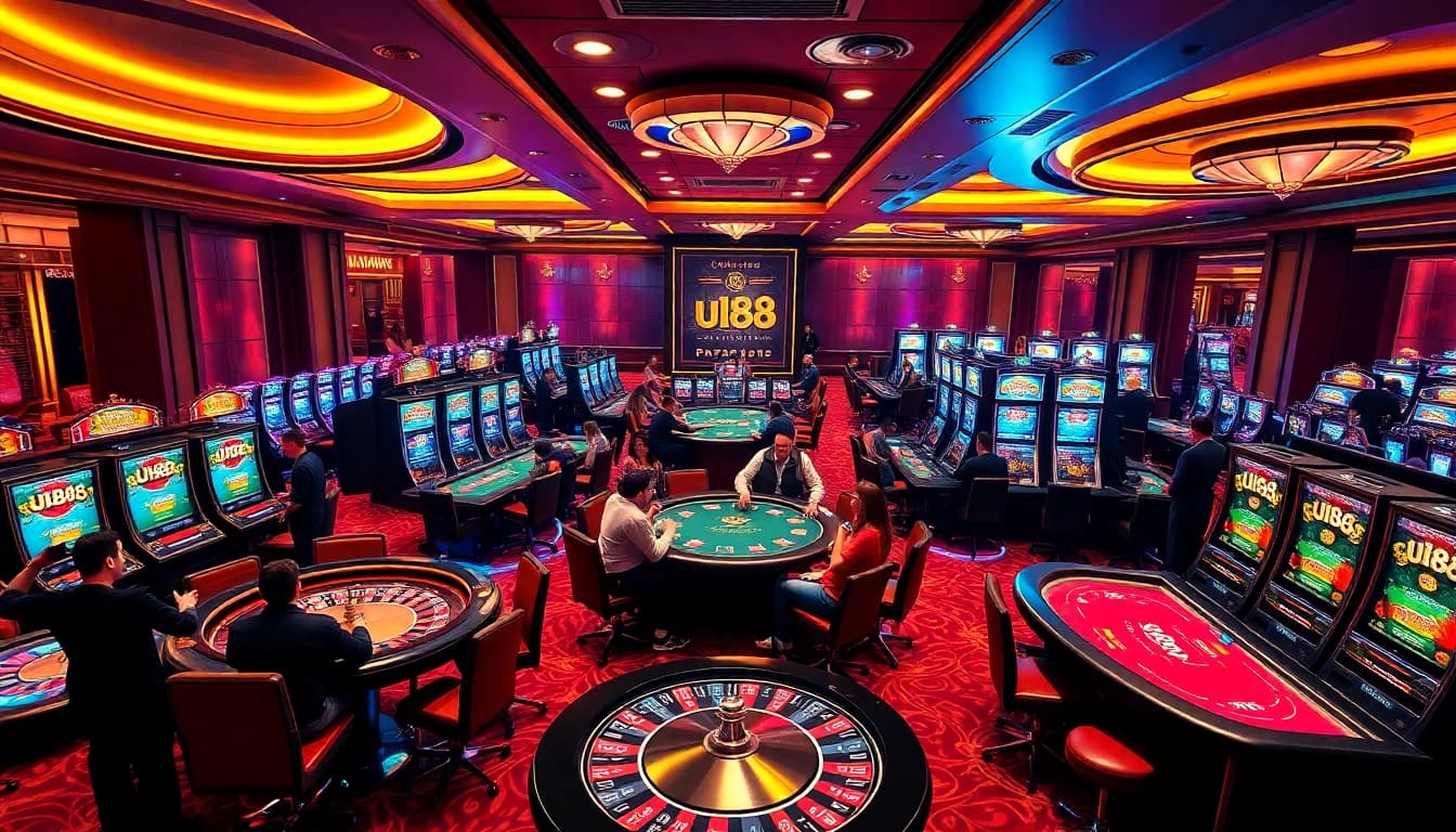 Exciting casino scene showcasing players at uu88 gaming tables with vibrant poker chips and roulette wheels.