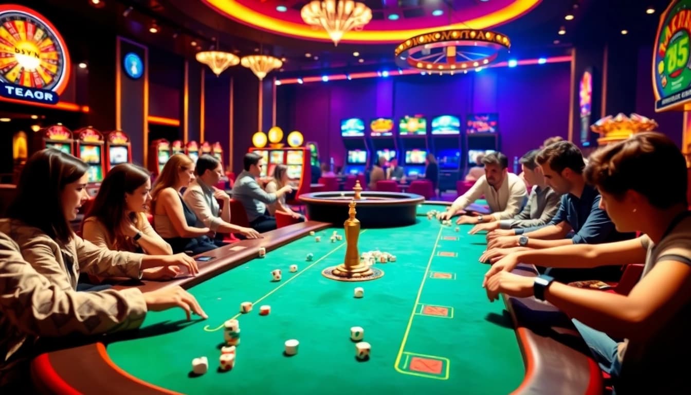 Engaging scene of players enjoying casino games at 69VN, showcasing excitement in a vibrant gambling environment.