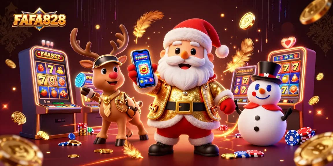 FAFA828 brings joy with a festive slot machine scene featuring casino characters.