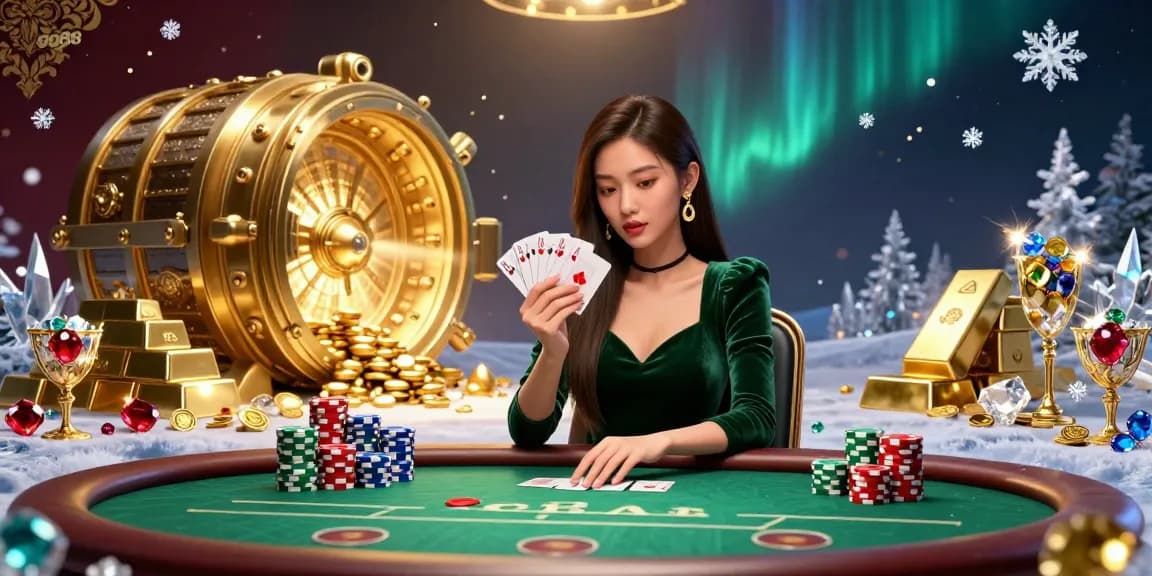 Experience thrilling poker action at gg88 with a stunning Asian woman elegantly playing cards surrounded by treasures.