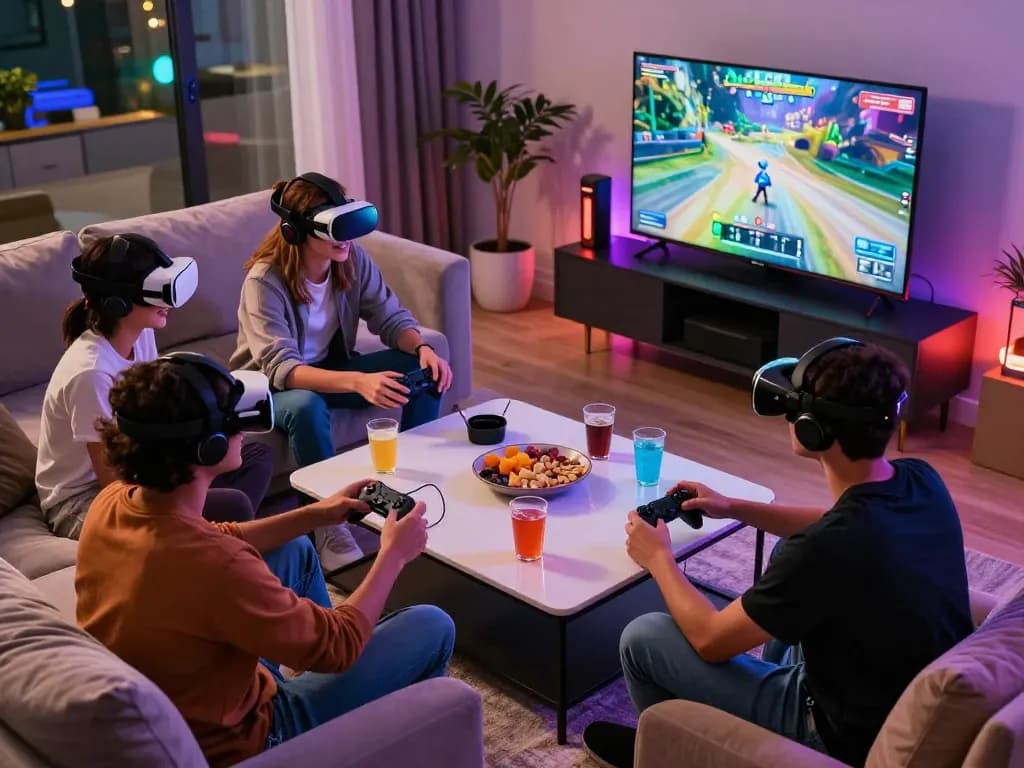 Group of friends gaming together at home, enjoying entertainment from https://qnk88.com/ with snacks and VR headsets.