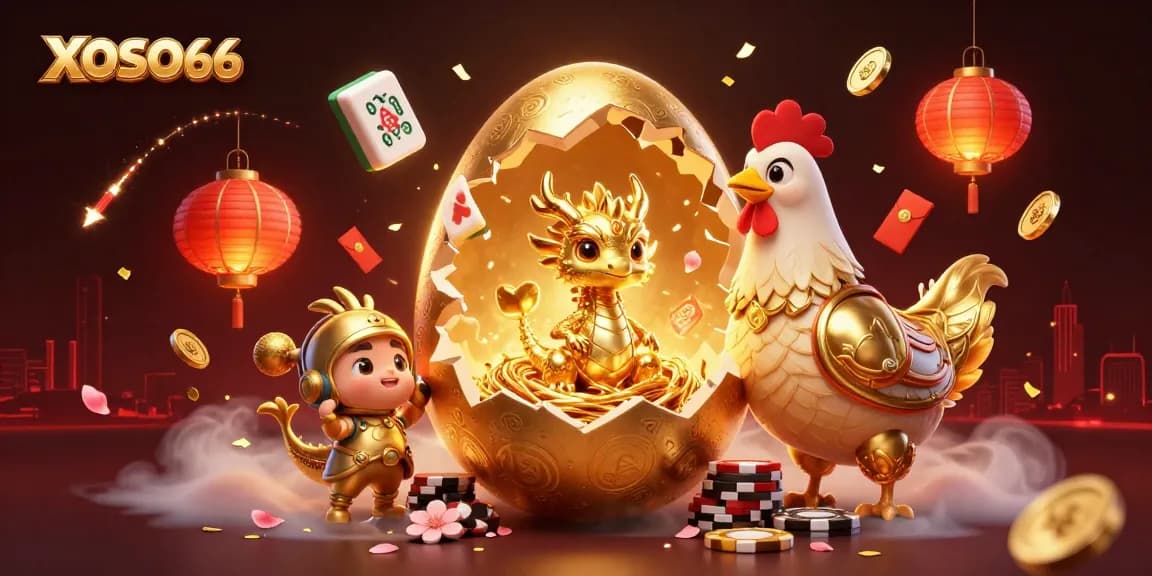 XOSO66 reveals a golden dragon on poker chips amidst festive casino elements like lanterns and fireworks.