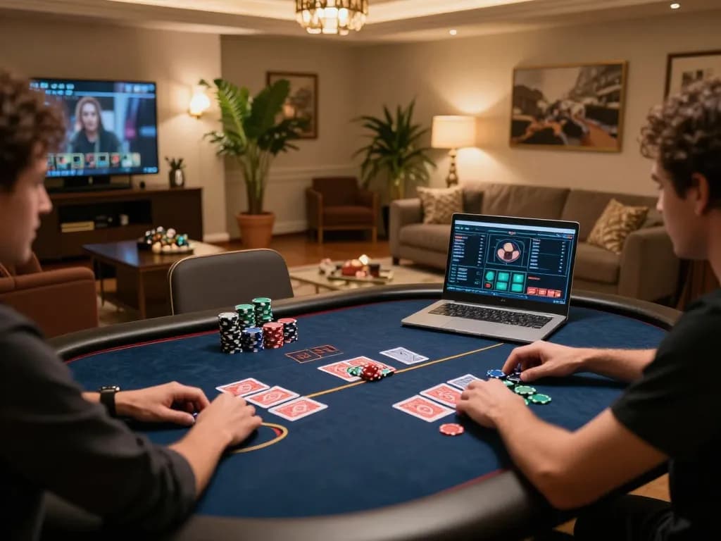 Player engaging in online poker at LV88 with chips visible, showcasing a cozy gaming setup