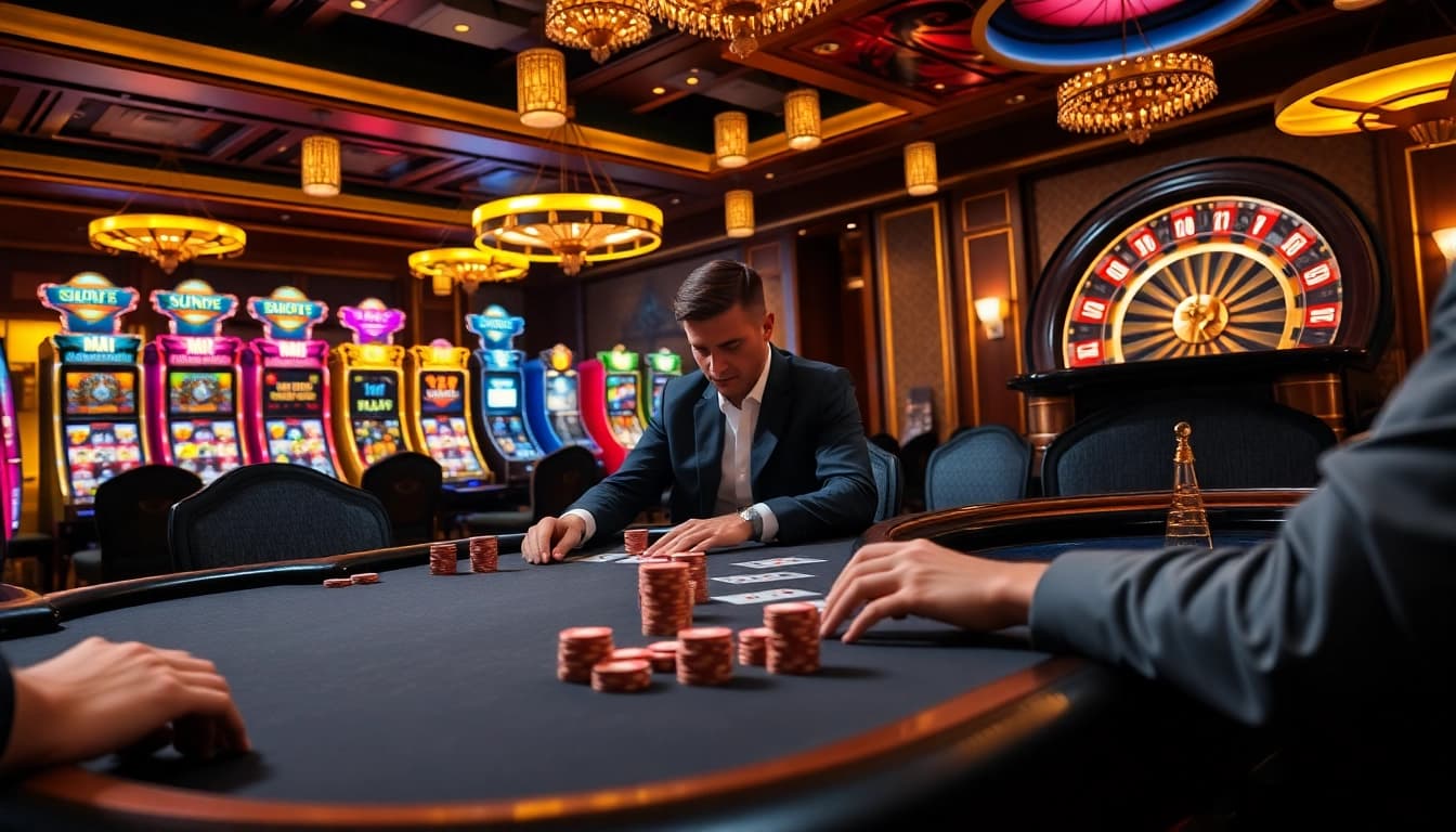 Experience high-stakes poker at https://bem88v.com/ with immersive casino visuals of chips and cards.