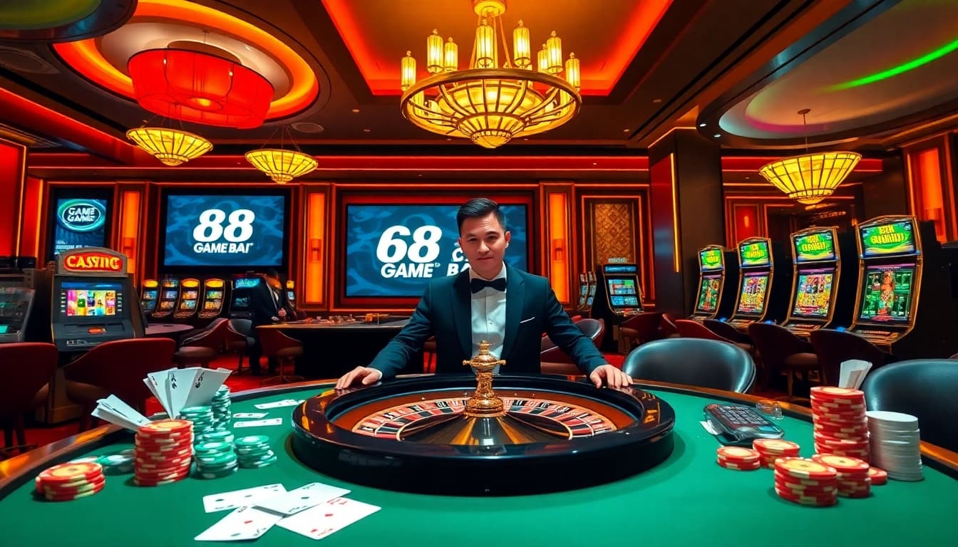Experience the excitement of 68 Game Bài with a vibrant casino atmosphere featuring players and spinning roulette.