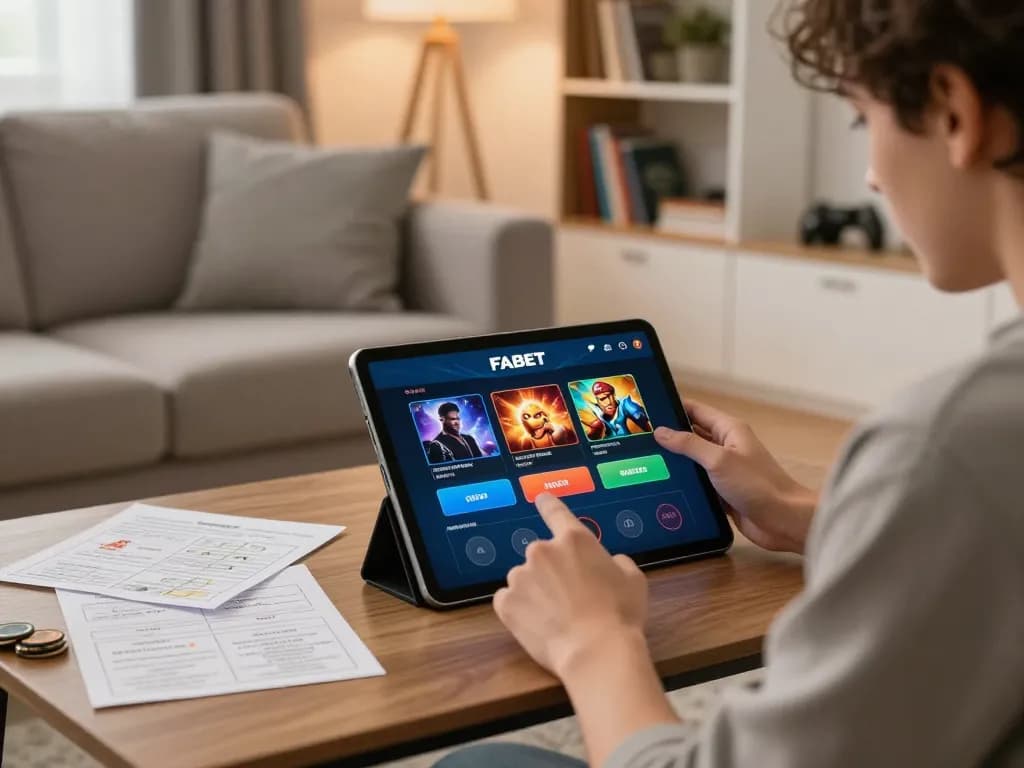 Dynamic user experience using FABET online casino app on tablet, surrounded by betting strategies.