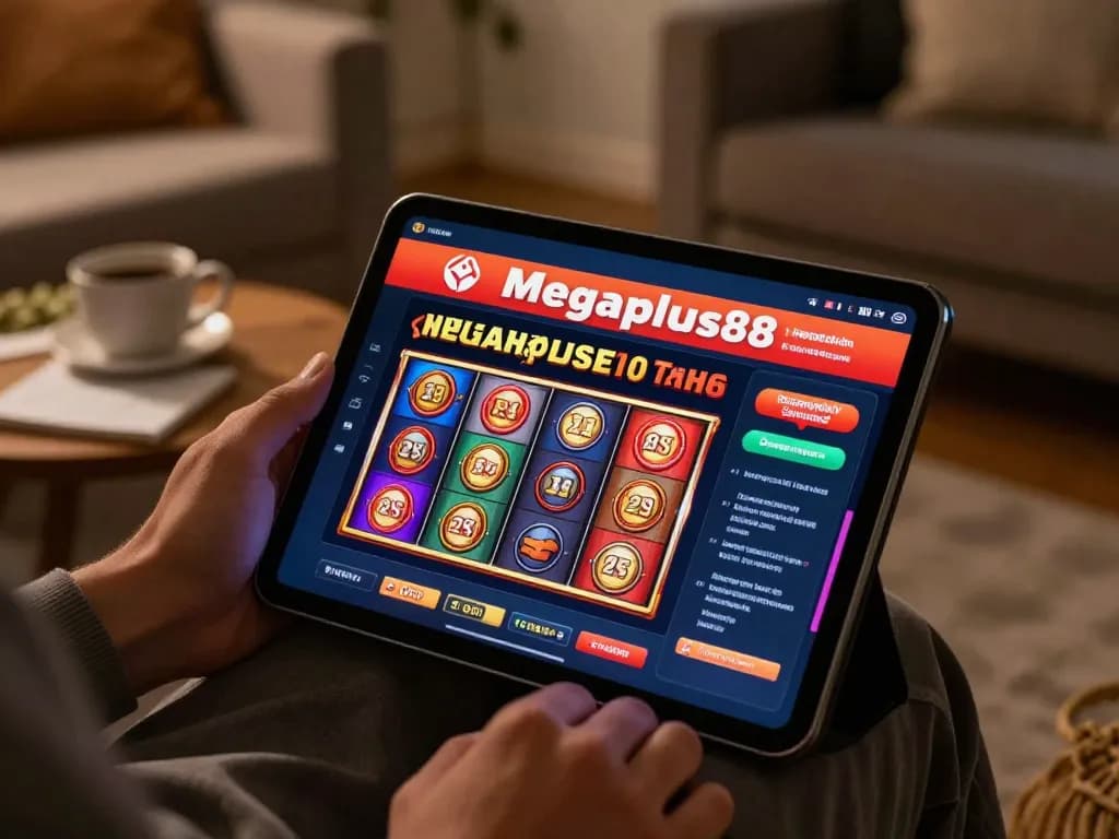 Player enjoying online casino experience on tablet at home with megaplus88 displayed prominently.