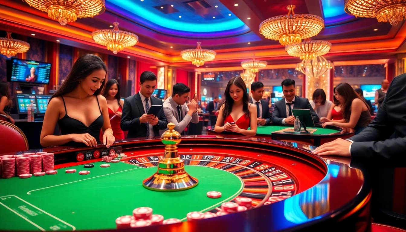 Players at a luxurious roulette table enjoying the thrilling experience at 88vv.marketing, showcasing excitement and professionalism in gambling.
