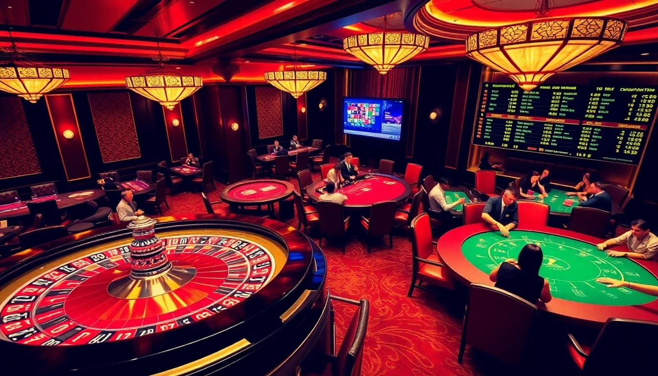 Exciting gaming atmosphere at 13Win with players engaging at tables and roulette.