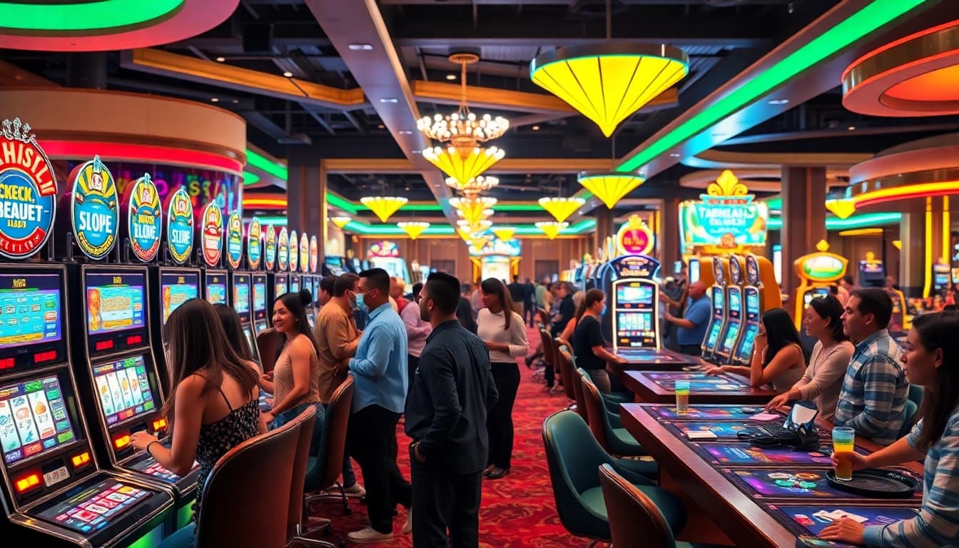 Players enjoying vibrant games at AT99娛樂城, showcasing excitement and camaraderie in a lively casino atmosphere.