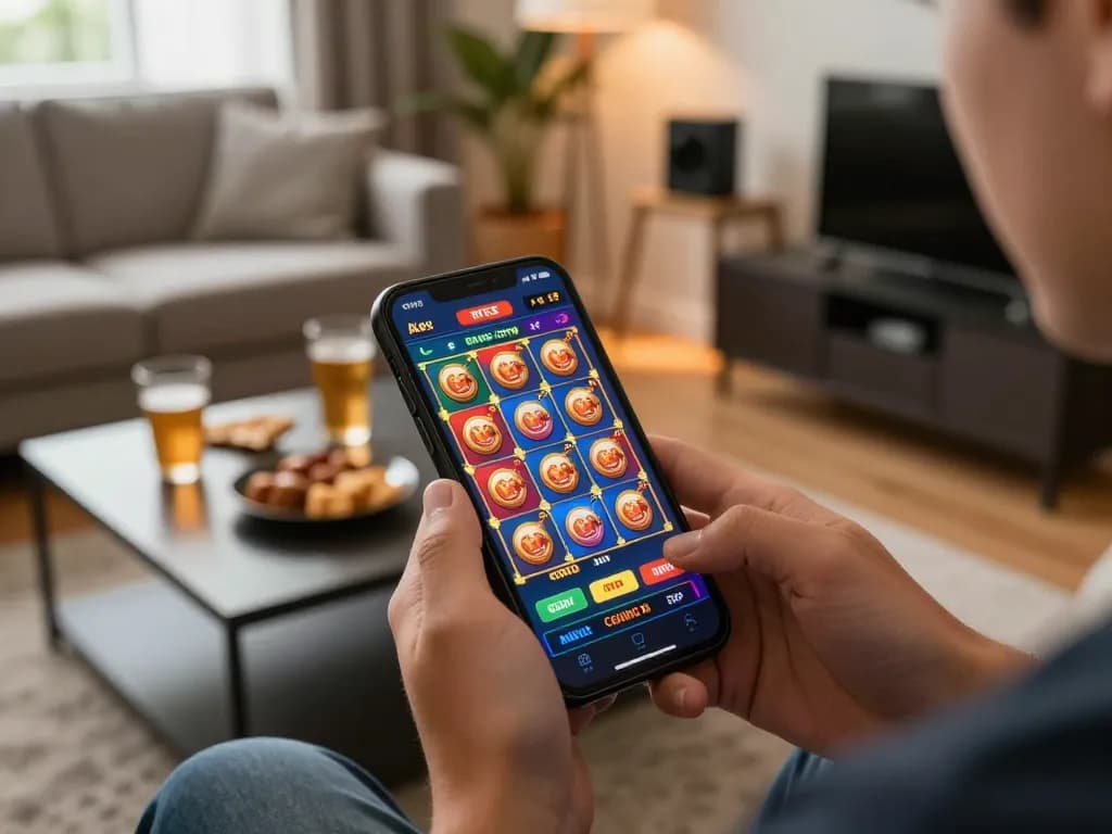 Alev Casino APK on smartphone highlighting vibrant slot games in an inviting home setting.