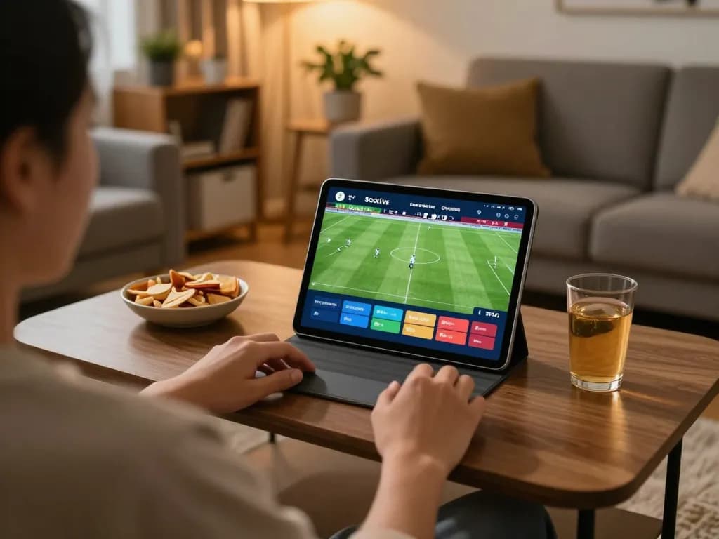 Socolive user enjoying live soccer streaming on a tablet in cozy home setup.
