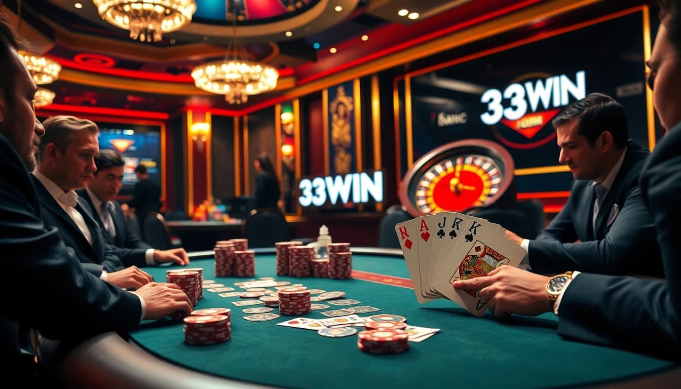 Experience high-stakes poker action at 33WIN with players and chips creating an electrifying casino atmosphere.