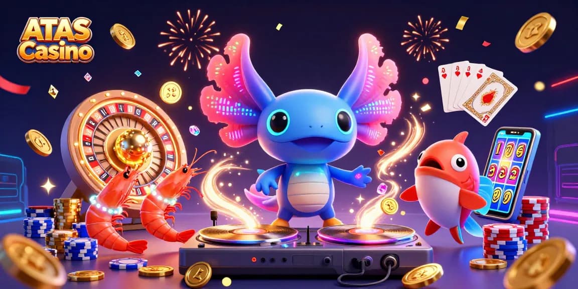 Experience vibrant gaming with ATAS Casino, featuring dynamic characters and iconic elements in a rich casino scene.