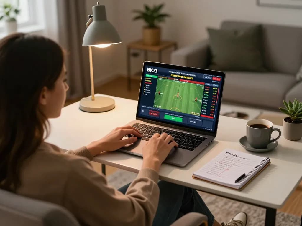 Person engaging in BK33 online sports betting at home, highlighting interactive gaming experience.