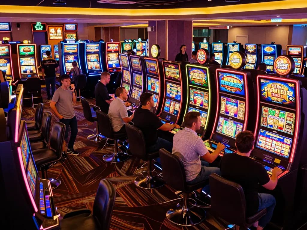 Players enjoying vibrant Pragmaticplay slots in a lively casino atmosphere