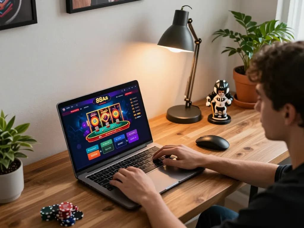 A player engages with the 88aa casino interface on a laptop, highlighting modern online gambling.