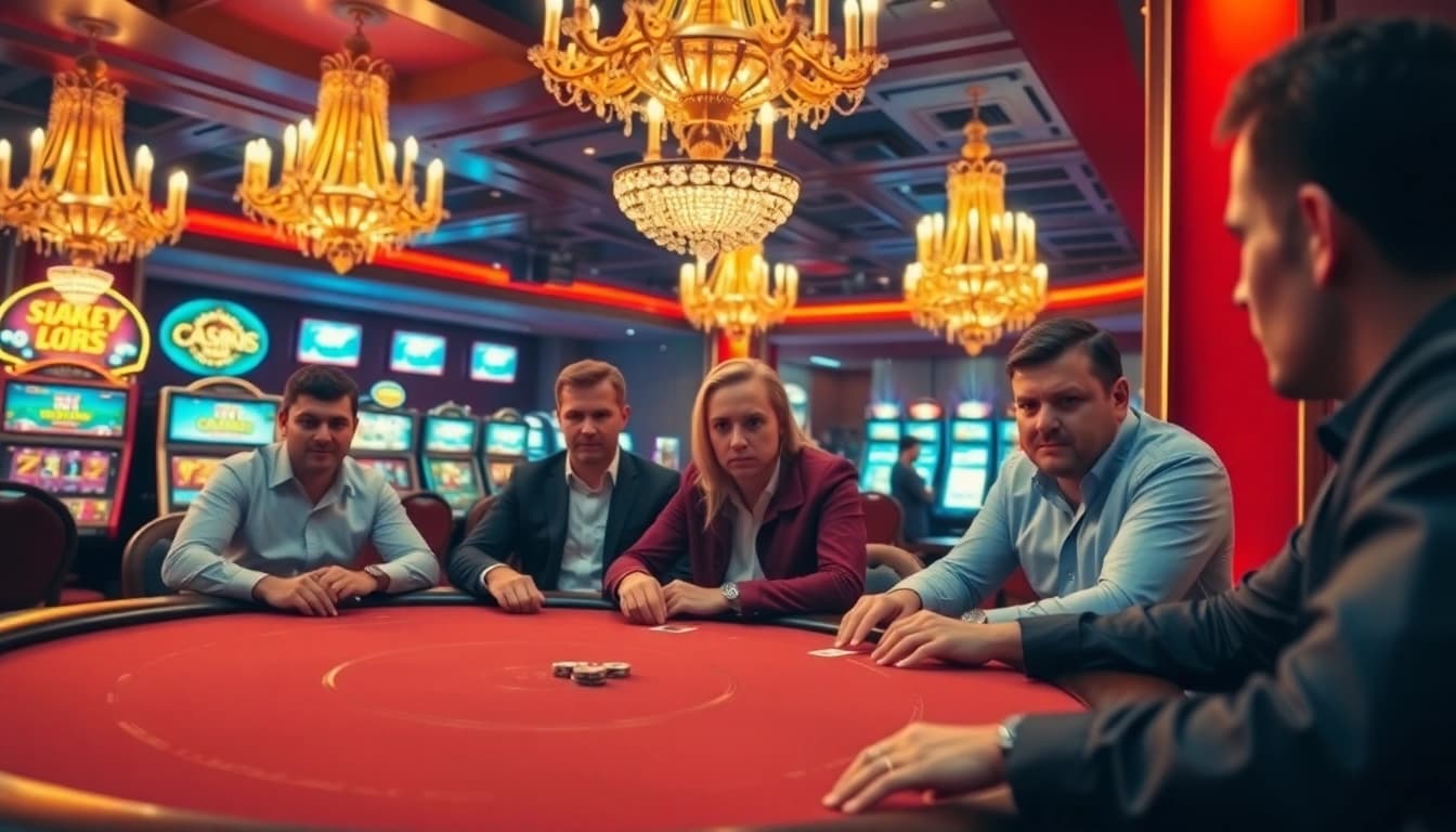 Casino players engaged in a high-stakes poker game with dramatic lighting.