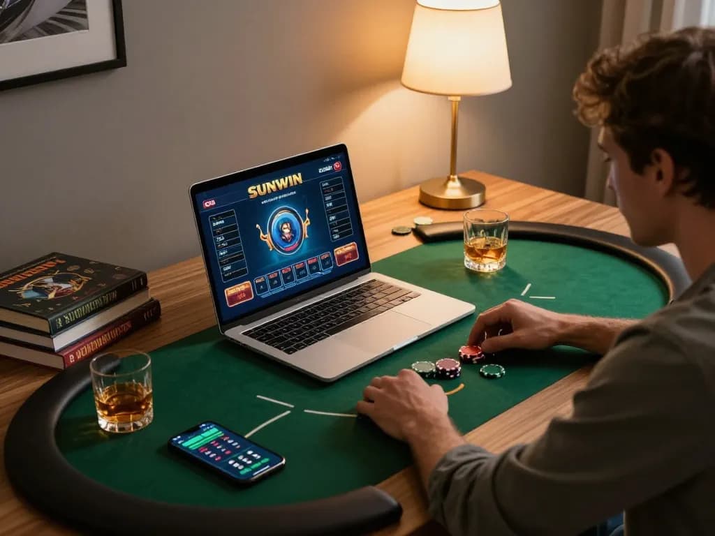 SUNWIN player enjoying an online poker game with a stylish laptop in a cozy setting