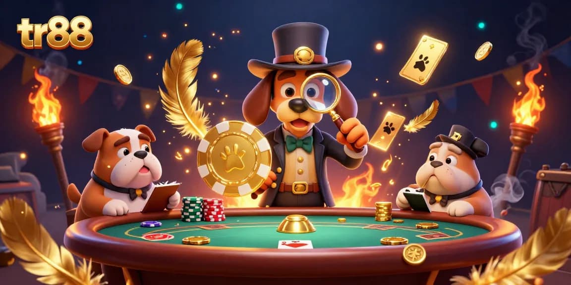 Join the tr88 adventure as a detective duo uncovers poker treasures amidst swirling golden flames and chips.