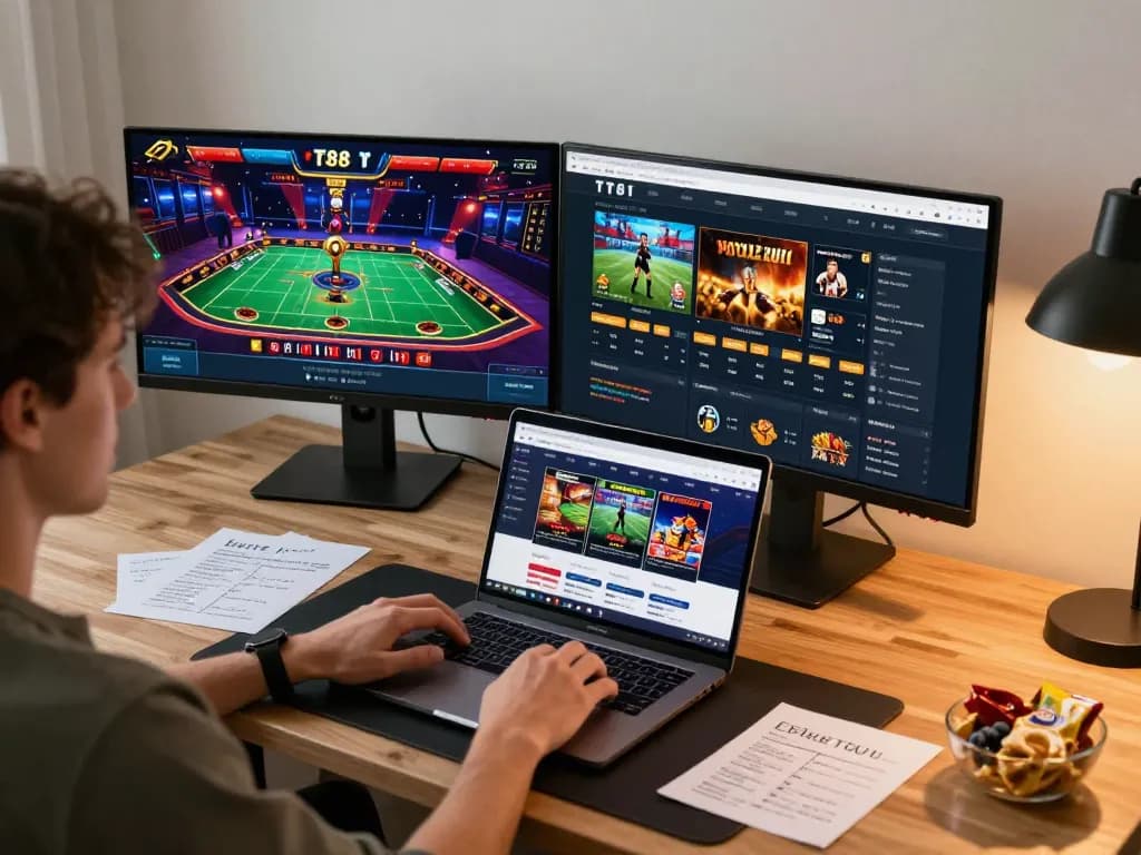 Player enjoying strategic gaming on TT88 with dual screens displaying live dealer and sports betting.