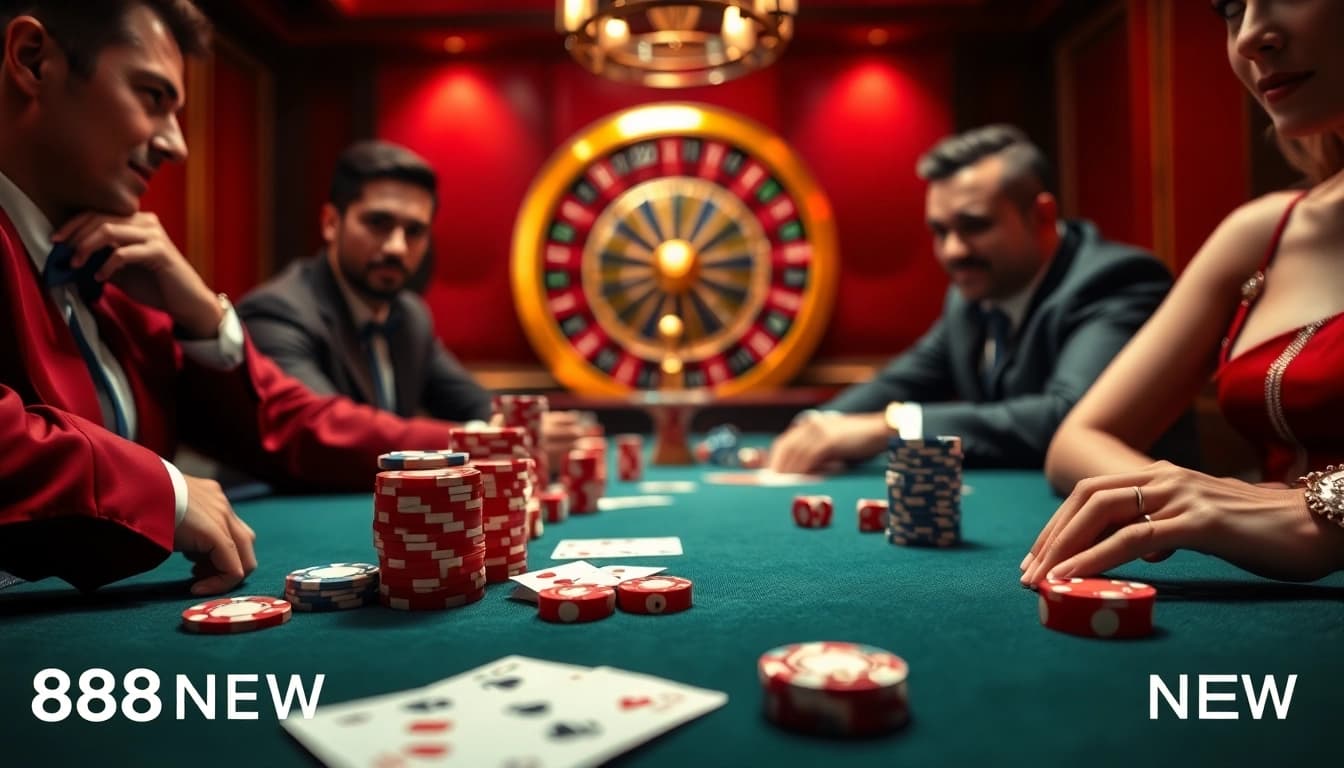 Players strategizing at a poker table in a luxurious casino, highlighting 888NEW's excitement and professionalism.