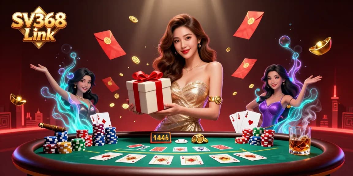 Win big and explore SV368 Link with a glamorous Asian woman amidst casino excitement and gold coins.