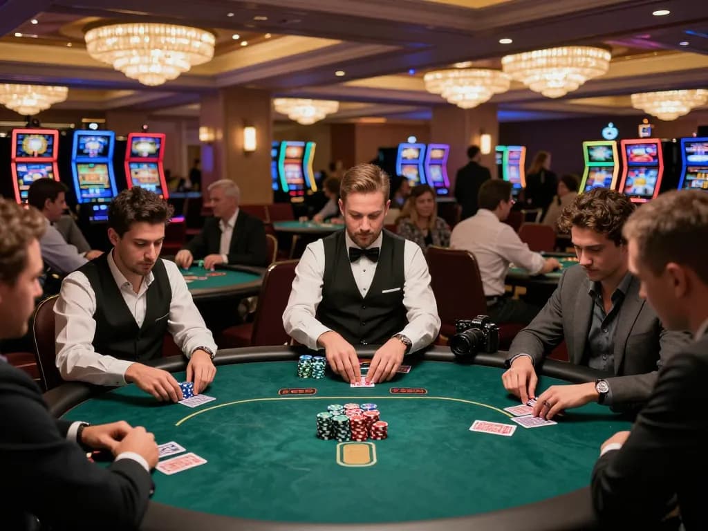 Players enjoying strategic games at bem88 poker tables in a vibrant casino atmosphere