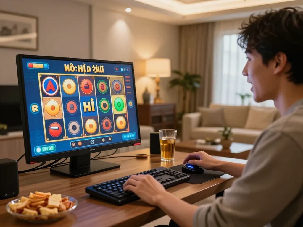 Nổ hũ đổi thưởng gameplay revealing colorful slot reels ready for action in a cozy home setting