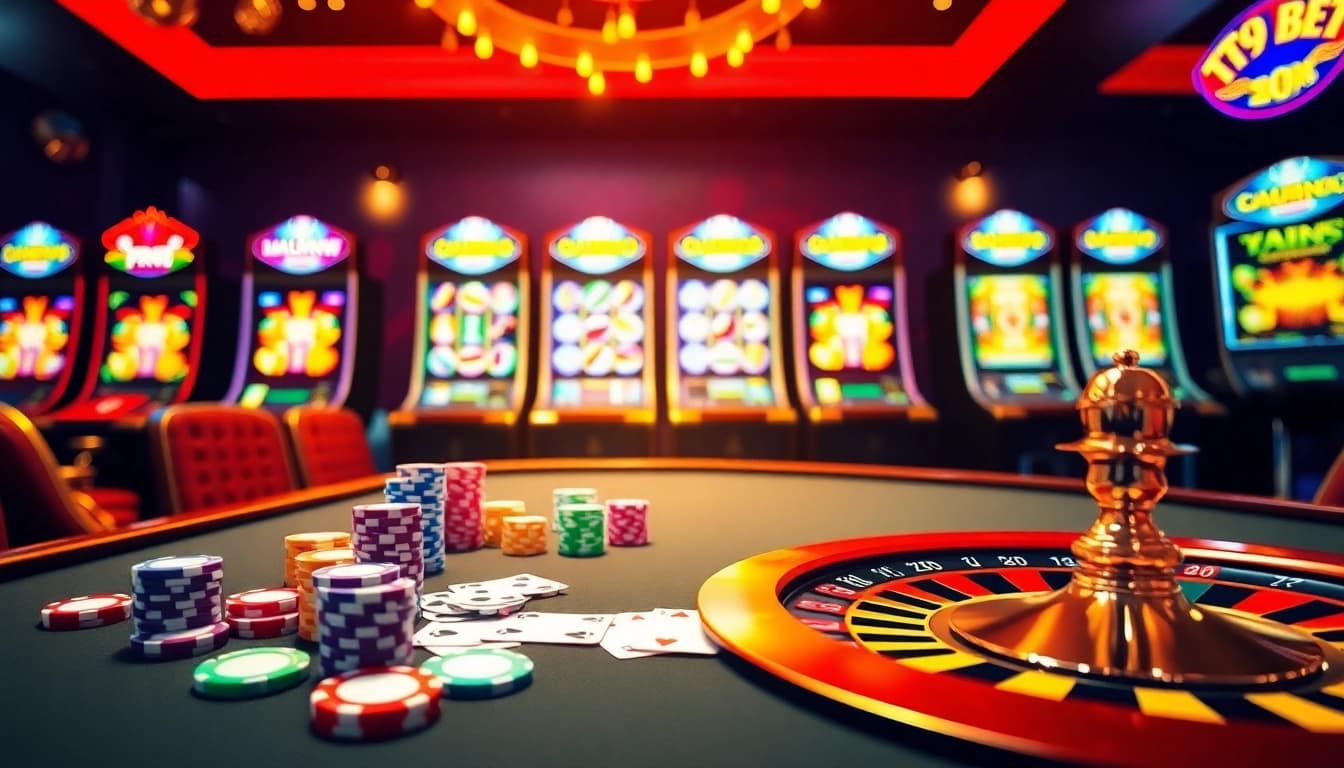 Experience the thrill of i9bet with vibrant casino visuals featuring poker chips and roulette wheels.