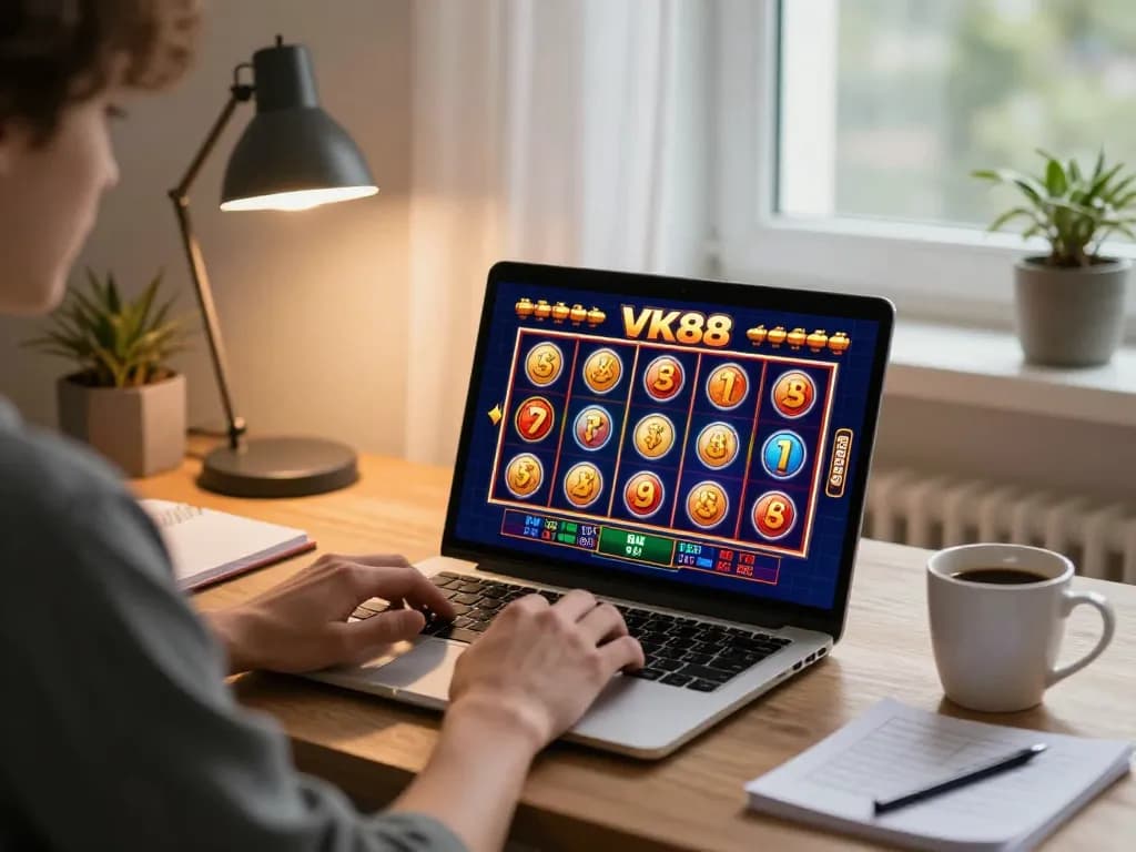 Engaging in online VK88 gaming session with vibrant slot game interface on laptop.