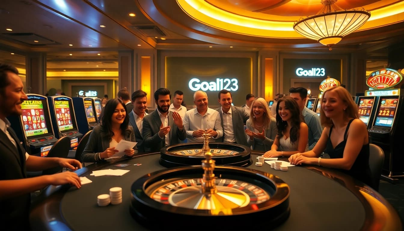 Players celebrating a win at Goal123 casino, surrounded by poker chips and slot machines.
