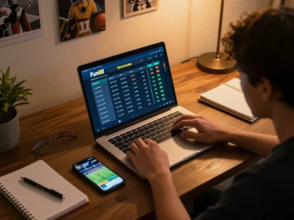 Engaging with Fun88 sportsbook on a laptop, dynamic online betting setup with cozy atmosphere