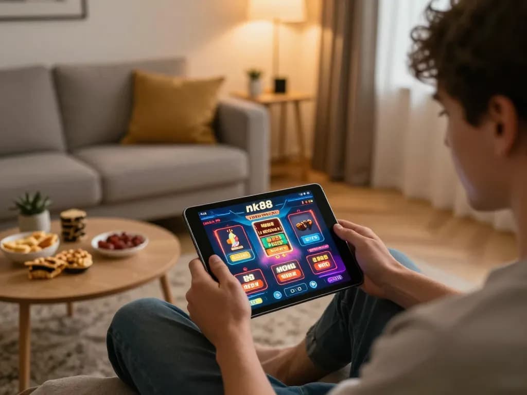Engaging with the nk88 casino app on a tablet in a cozy home setting.