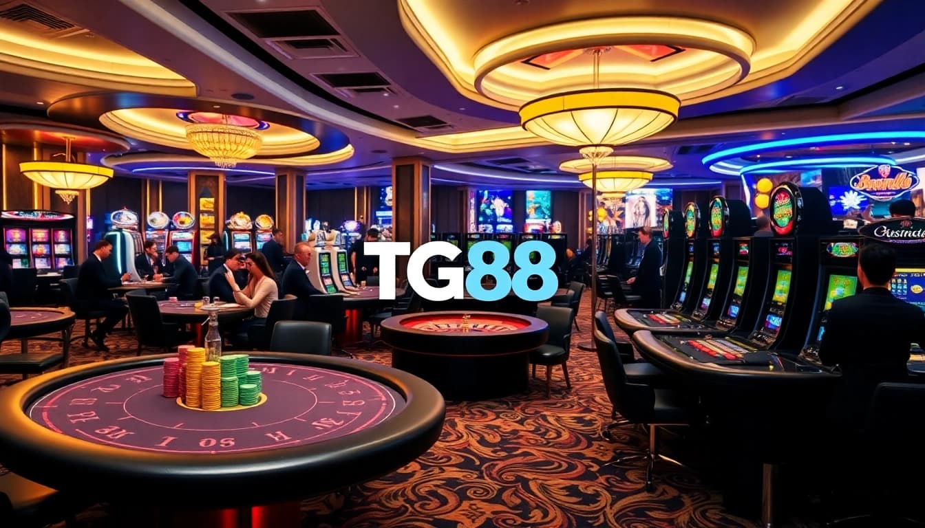 Experience the excitement at TG88 casino with vibrant poker tables and glowing slot machines.