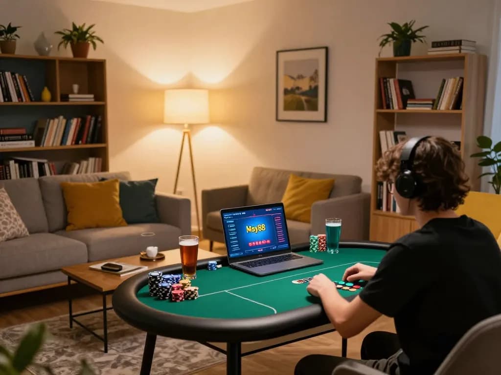 Player enjoying a poker game on May88 platform in a cozy home setting with chips and drinks