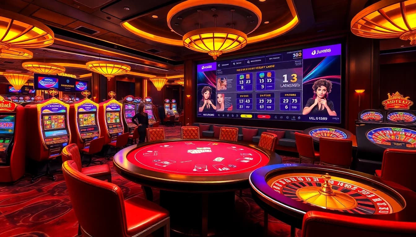 Experience the excitement of jun88 phiên bản with a vibrant casino scene featuring poker and slots.