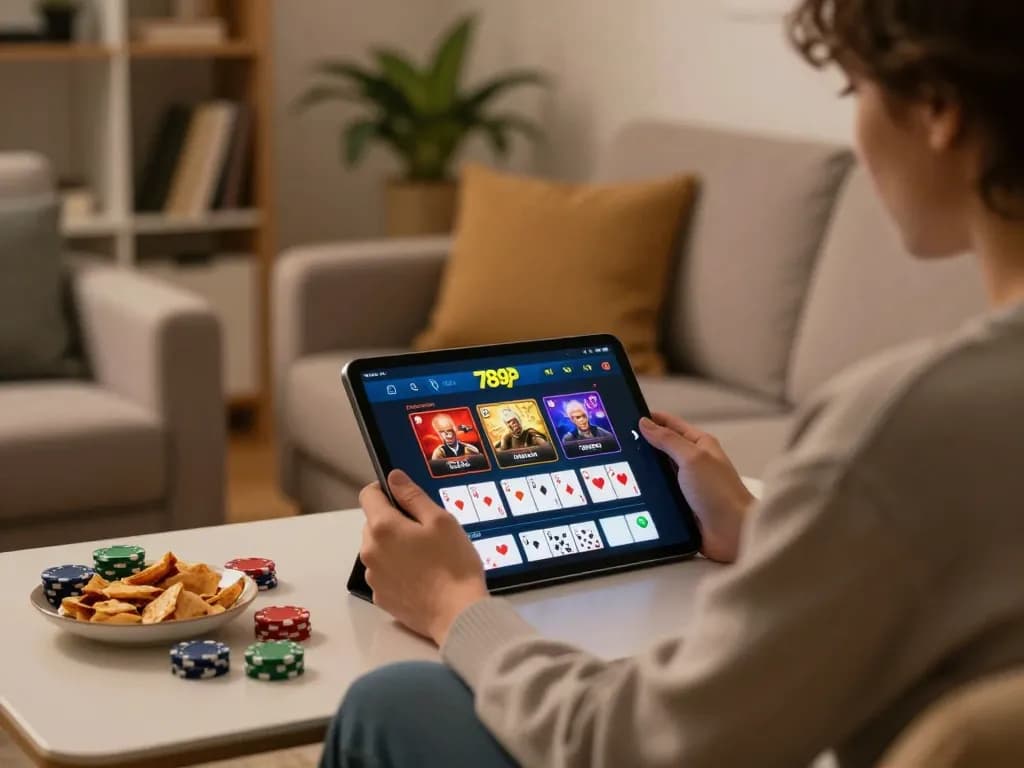 Engaging in online casino gaming with 789p app from home, illustrating responsible gaming.