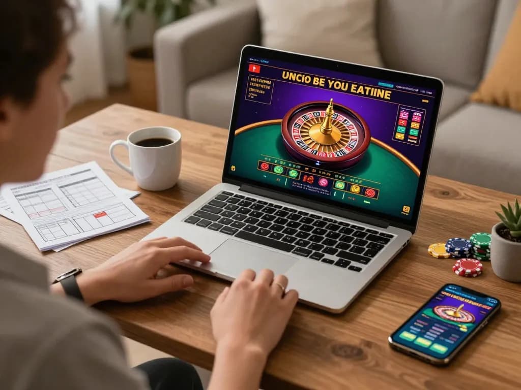 Playing roulette online at home on a laptop, enjoying a strategic gaming session with 789.